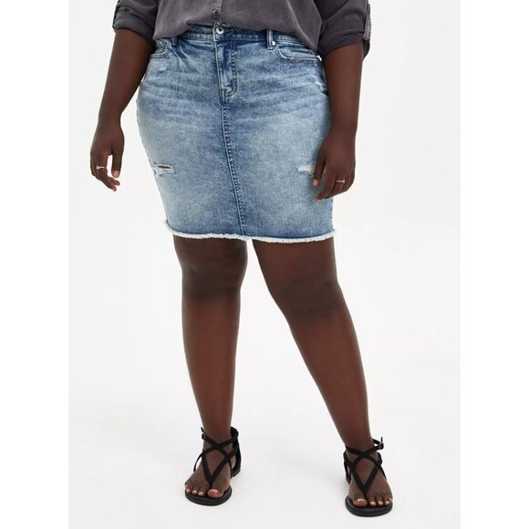 Torrid Skirt Burnout Blue Jean Denim Fray Hem Pencil Distressed - Picture 1 of 13